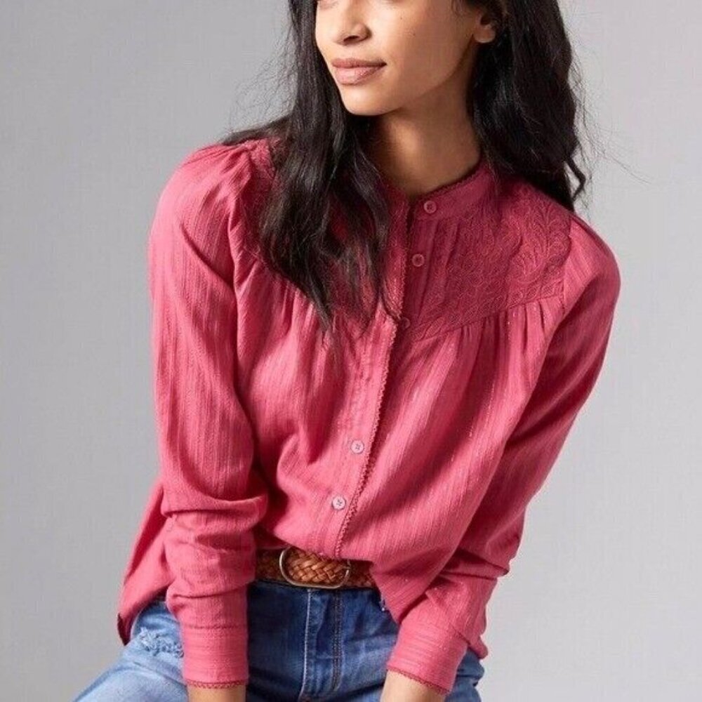 PILCRO ANTHROPOLOGIE The Victoria Lace Button Down in Pink Size 0 Boho Beach